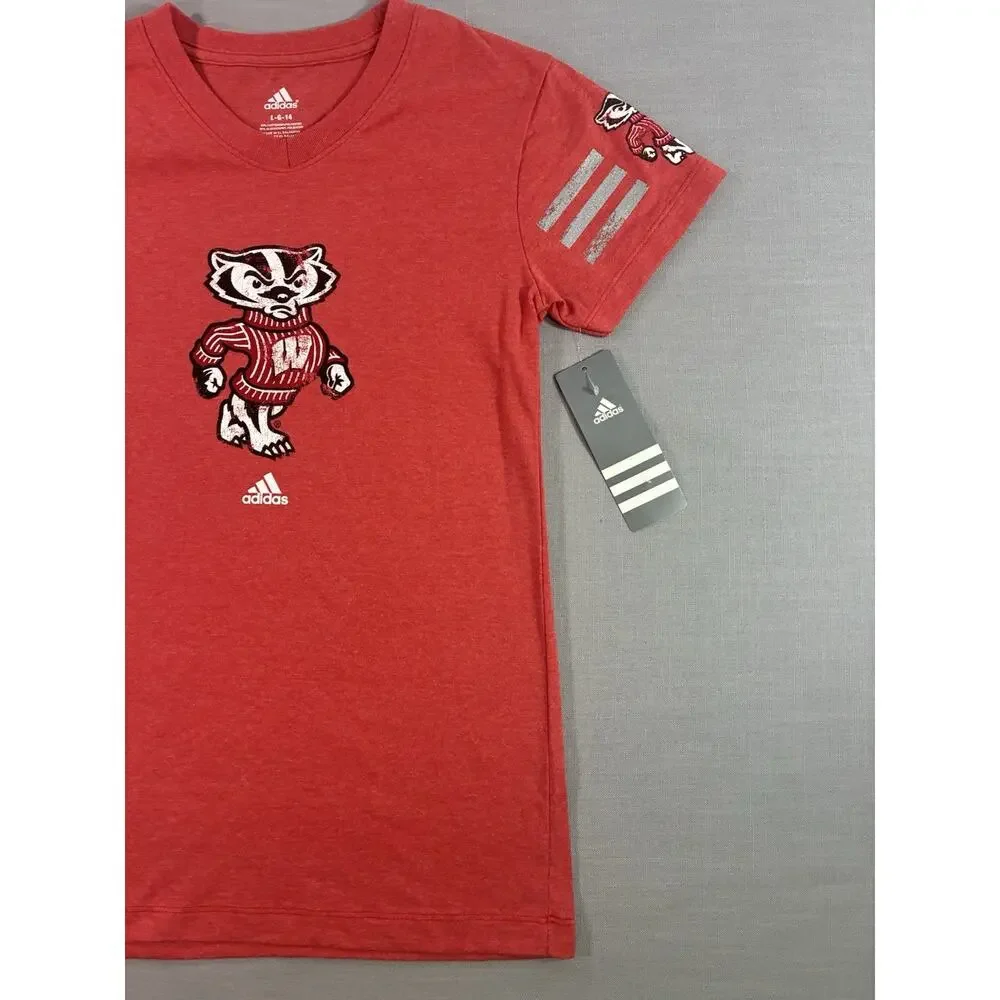 Adidas Wisconsin Badgers Youth Large 14 Red Graphic T-Shirt NCAA NWT